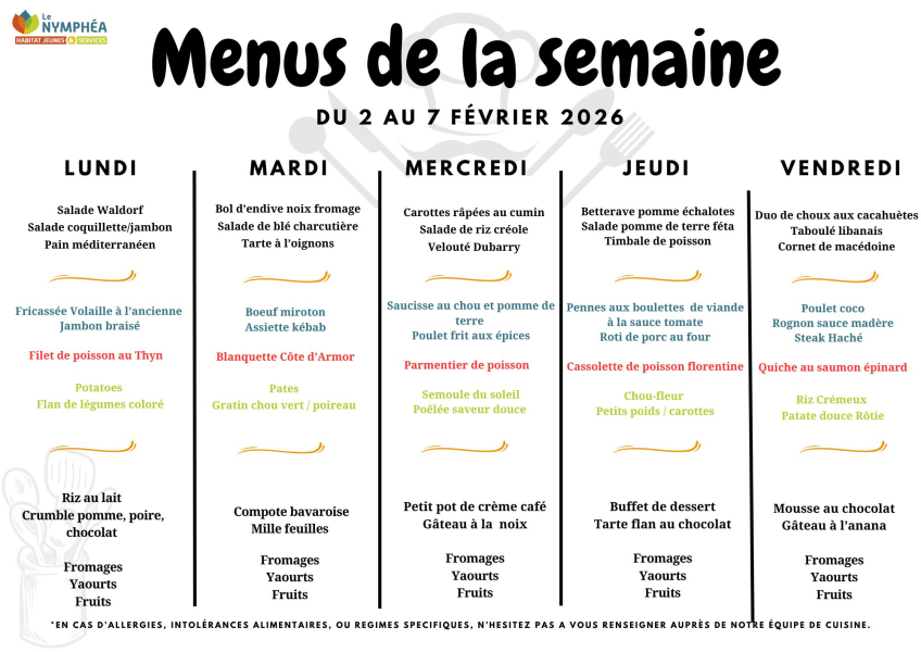Menus du 02 au 06 février 2026
