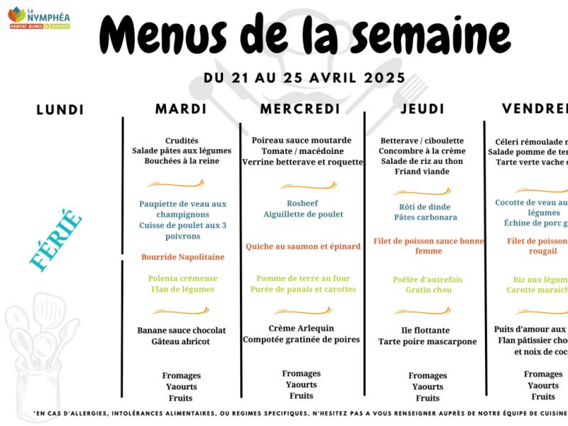 Nos menus du 21 au 25 avril 2025 