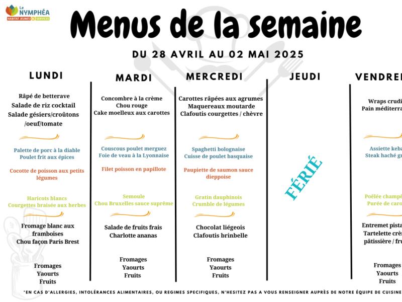 Nos menus du 28 avril au 02 mai 2025