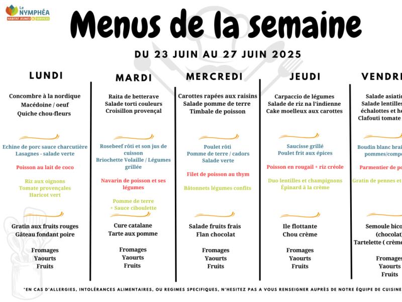 Menus du 23 au 27 juin 2025 