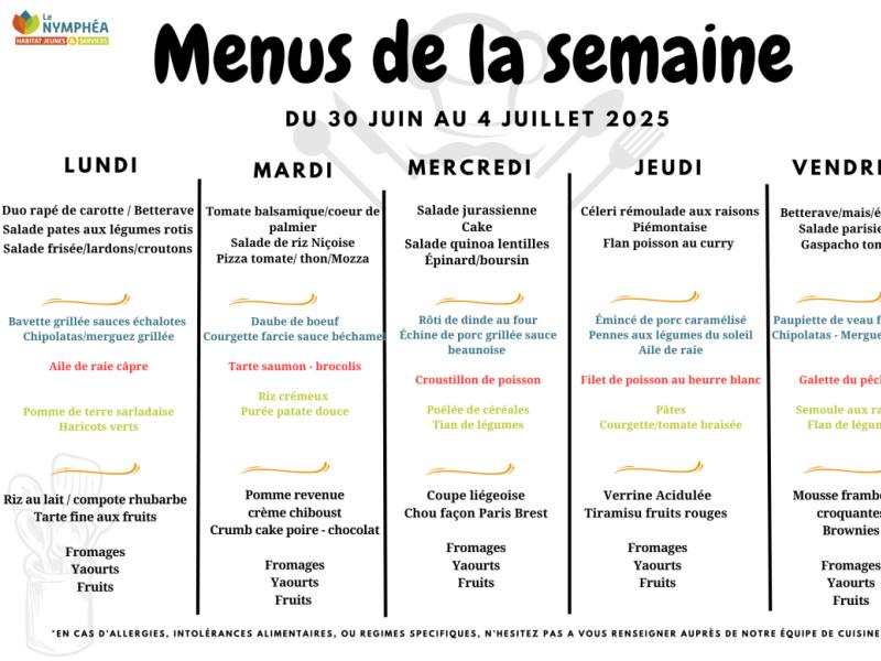 Menus du 30 juin  au 04 juillet 2025 