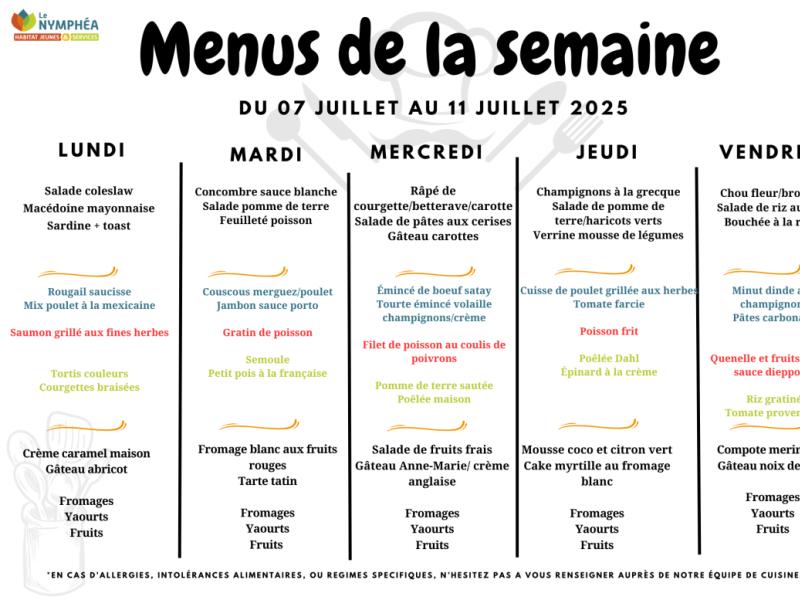 Menus du 07 au 11 juillet 2025