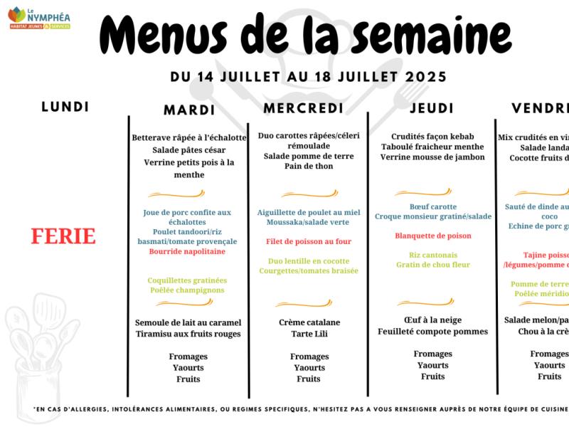 Menus du 14 au 18 juillet 2025 