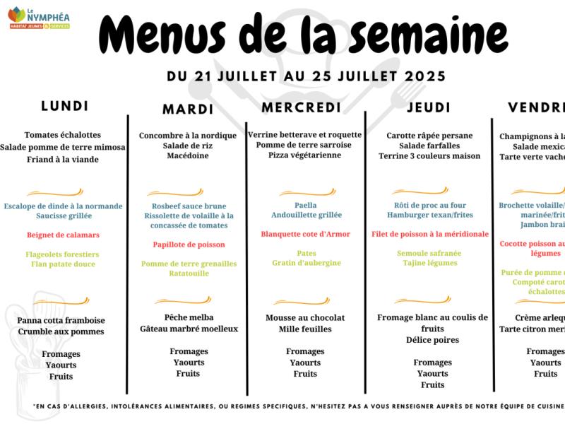 Menus du 21 au 25 juillet 2025