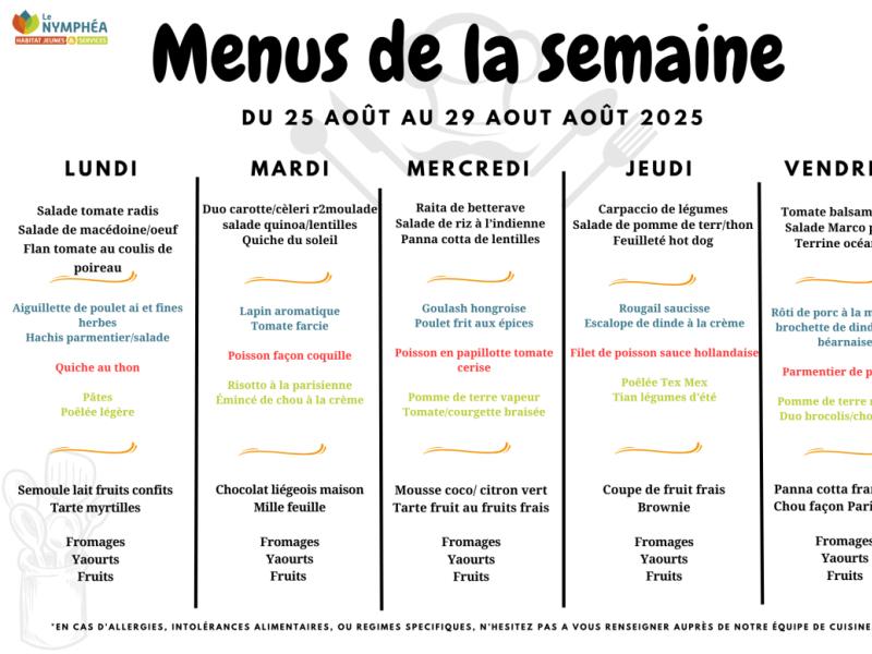 Menus du 25 au 29 aout 2025  