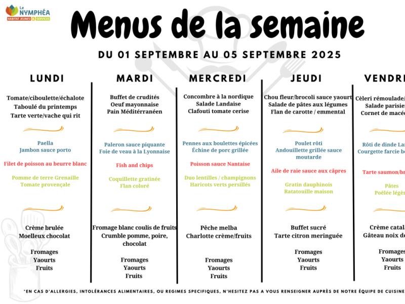 Menus du 01 au 05 septembre 2025