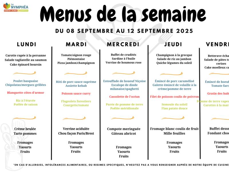 Menus du 08 au 12 septembre 2025 