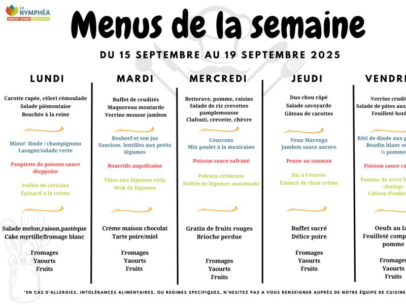 Menus du 15 au 19 septembre 2025