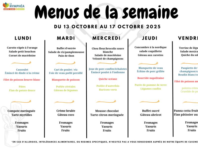 Menus du 13 au 17 octobre