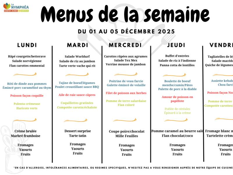 Menus du 01 AU 05 décembre 2025