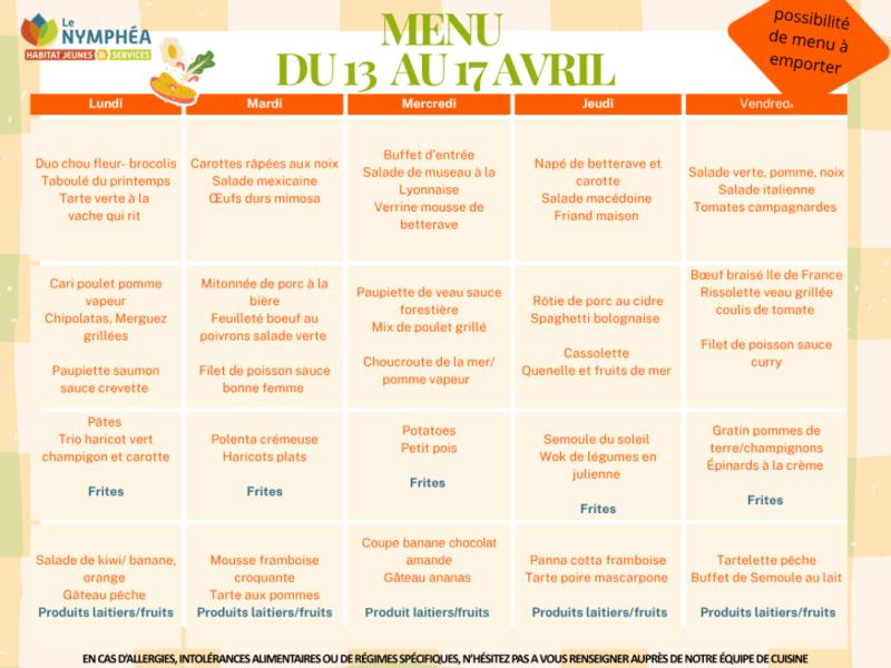 Menus du 13 au 17avril 2026 