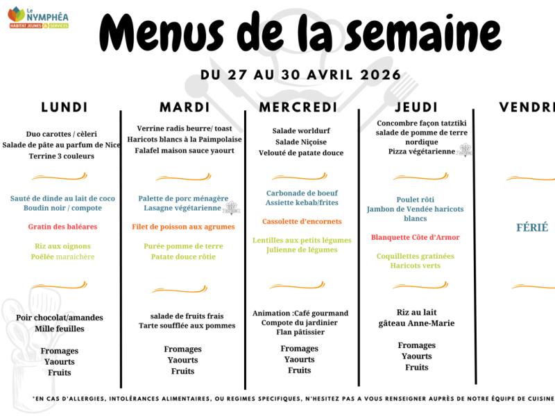 Menus du 27 au 30 avril 2026