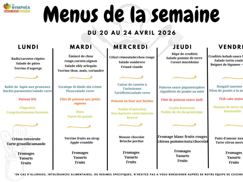 Menus du  20 au 24 avril 2026