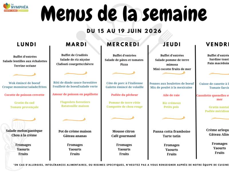 Menus du 15 au 19 juin