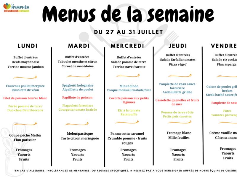 Menus du 27 au 31 juillet 2026