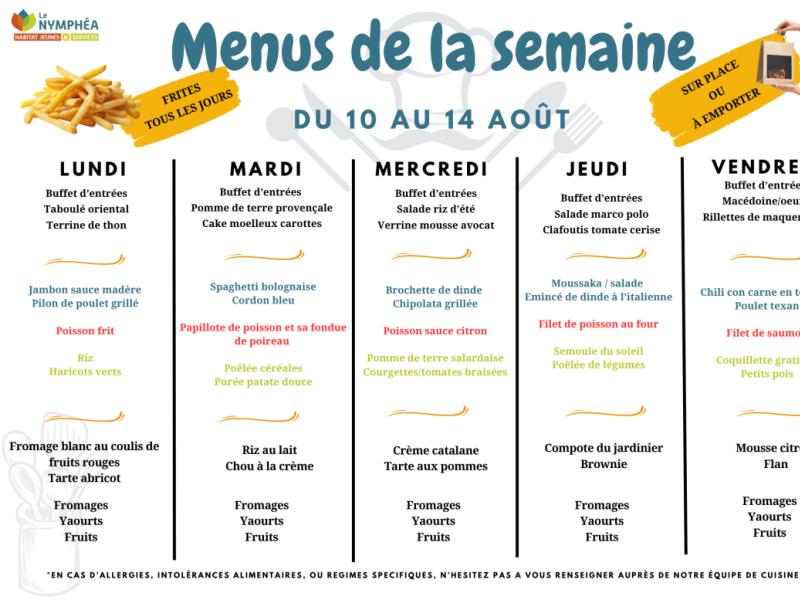 Menus du 10 au 14 aout 2026 
